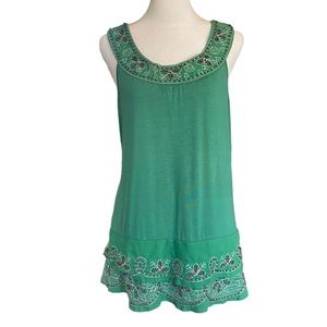 One.September Anthropologie Green Beaded Embroidered Top
